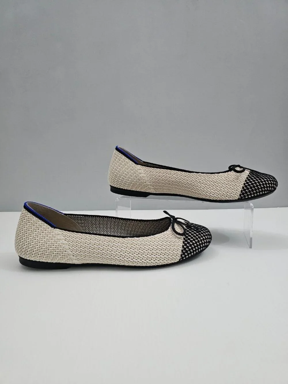 Rothy's The Ballet Flat Coco Cream Black Knit Toe Cap Bow Washable Womens 8.5